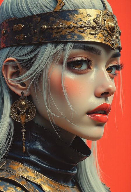 abstract photorealistic ink image in vivid, surreal colour gradient, closeup side portrait of korean woman wearing fantasy leather and bronze plate armour, half-helm, long bleached hair, bangs, large metal earrings red lips