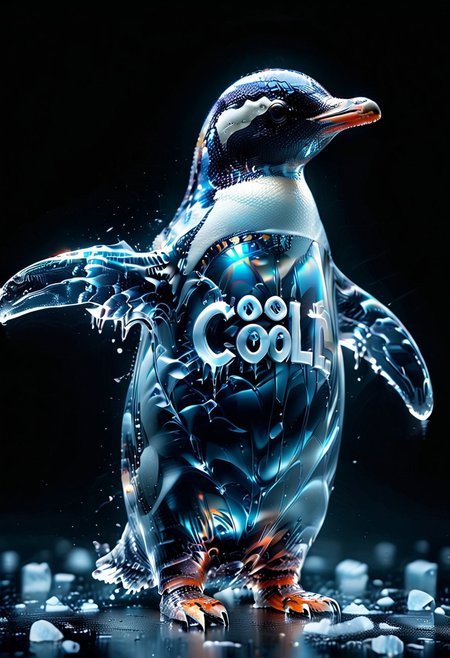 ((((("COOL" text logo made of ice)))) <lora:dvr-ftl:0.8>,
1c3_w1n73r, magicNpolished, shiny, polished, reflection, glowing, light
Penguin wearing sunglasses, scarf, baseball cap, standing on drifting ice in arctic