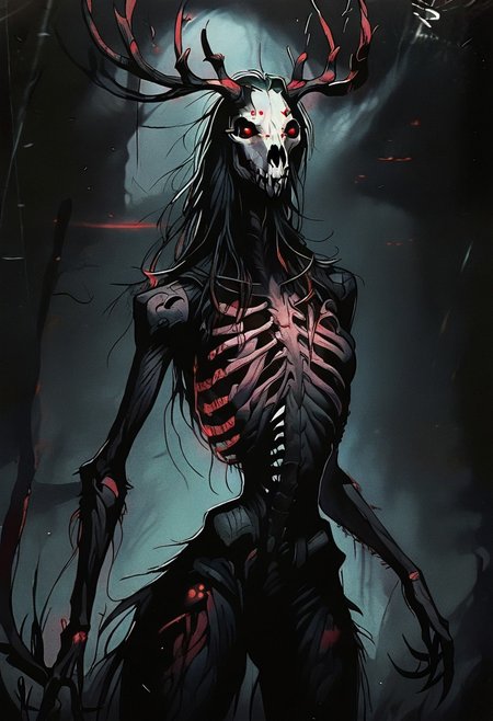 score_9, score_8_up, score_7_up, score_6_up, score_5_up, STNST, 1girl, wendigo, antlers/horns, animal skull, monster, no humans, solo, red eyes, claws, glow, ribs, bones, spine, digitigrade legs, scratches, vintage texture, grunge effect, film grain, retro aesthetic, high contrast, retro film grain, eerie, mysterious, intense, edgy, gothic, dark, horror, vintage, grunge