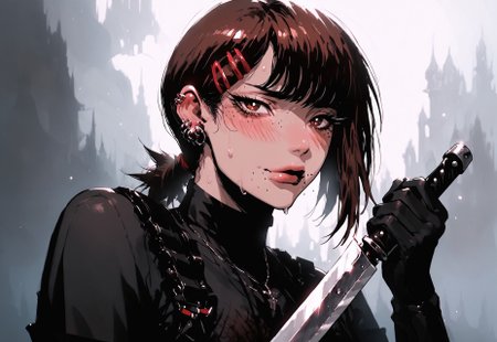 safe_pos, safe_pos, score_9, score_8_up, score_7_up, source_anime, kobenidef, mole under eye, mole under mouth, single sidelock, short ponytail, hairclip, brown hair, brown eyes,  shoulder holster, utility belt, wearing_nbu, black gloves, elbow gloves, black thighhighs, holding combat knife, 1girl,  piercings,  toned, excessive pubic hair,  hairy stomach, hairy armpits, happy trail, slender, thin, skinny, embarrassed, blushing, sexy posing, sweating, <lora:KLK_NudistBeach-IL:0.8>
