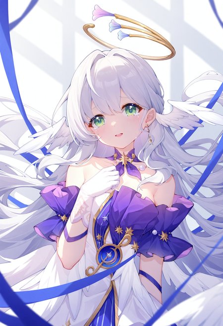 1girl, long hair, solo, green eyes, wings, dress, gloves, lying, white gloves, head wings, looking at viewer, very long hair, hair spread out, on back, detached sleeves, bare shoulders, grey hair, halo, strapless dress, parted lips, strapless, upper body, breasts, white wings, smile, hair intakes, tears,
masterpiece,best quality,newest,absurdres,highres,very awa,<lora:akovo1_noob1.1-000196:0.7>,(akovo:0.4),