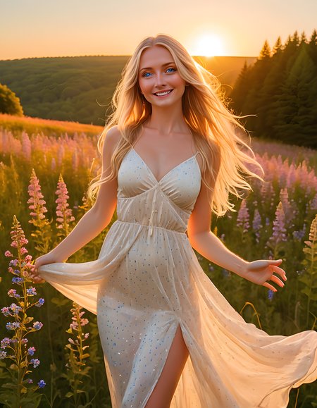 In the soft glow of a golden sunset, a radiant woman named Kemkin, with cascading blonde hair and captivating blue eyes that sparkle like the sea, stands in an open field dotted with wildflowers. Her smile radiates warmth as she looks directly at the viewer, her lips painted a bold red to match the setting sun. She wears a flowy white dress that billows gently around her, and her long hair flows loosely behind her, catching the last rays of sunlight. In the background, towering trees silhouetted against the vibrant sky lend an ethereal, dreamlike quality to the scene, while the sun dips lower, casting a warm, golden light on Kemkin and her enchanting presence.