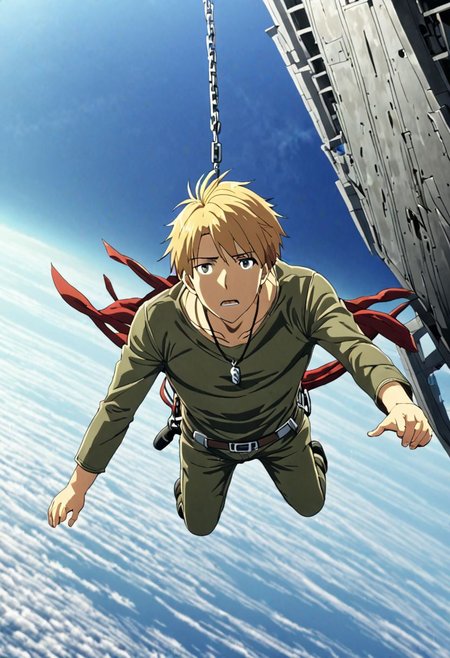 high resolution, solo, best quality, 1Boy, Yamato Ishida, Blond Hair, Necklace, free fall, sky , OverallDetail