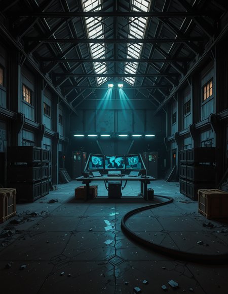 A dark, abandoned warehouse transformed into a villain's secret lair. The structure is massive and industrial, with rusted steel beams, shattered windows, and crumbling concrete walls covered in old graffiti. The floor is dusty and cracked, with scattered debris and oil stains. Dim red and blue lights glow from hidden sources, casting eerie, atmospheric shadows throughout the space. In the center, a high-tech command station glows with holographic maps, control panels, and futuristic computer screens. Advanced equipment, weapons racks, and strange scientific devices are neatly arranged on steel tables. Thick black cables snake across the floor and dangle from the ceiling. Makeshift metal dividers and reinforced crates create hidden zones for operations and storage. The setting is cinematic, mysterious, and tense, with dramatic lighting, high contrast between dark corners and glowing tech, and a realistic, moody art style â like a scene from a dystopian sci-fi thriller. No people or figures are present. 
<lora:SDXLFaeTastic2400:0.4> <lora:extremely_detailed:0.4> extremely detailed,villain secret l41r, <lora:villain_secret_l41r-i:1>, Masterpiece,best quality,hi res,8k,hi res,8k,award winning,(sharp focus, intricate, highly detailed),