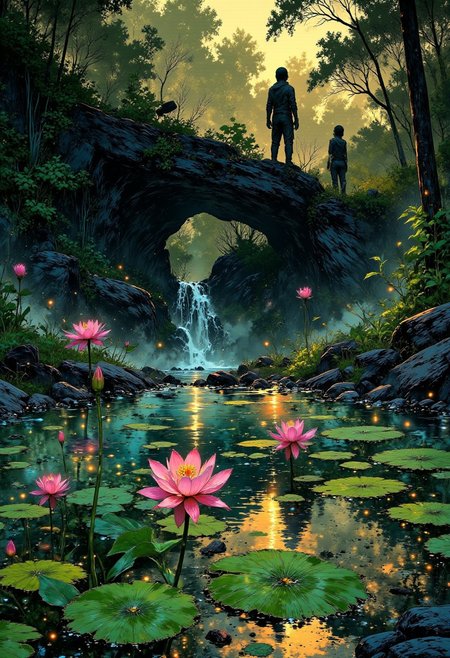 Bali Sacred Spring – Tranquil Lagoon & Floating Lotus Flowers
"A hidden Balinese spring where cool, clear water flows from a sacred rock formation into a tranquil lagoon. Giant lotus flowers float on the still surface, their pink petals open beneath the golden afternoon light. The surrounding jungle hums with the gentle sounds of chirping cicadas and rustling bamboo, while moss-covered statues peek through the dense foliage, adding a touch of mystery to the sacred waters."