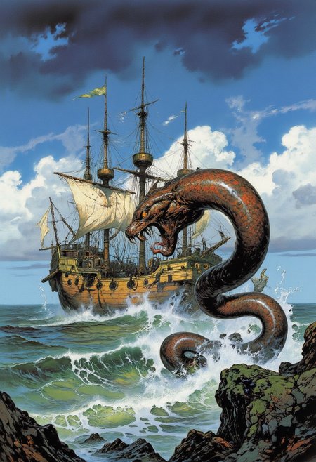 Comic book style 8k high quality digital painting , masterpiece, very detailed, ultra realistic, (best quality) very detailed epic masterpiece, a sailing ship on a stormy ocean is being attacked by a giant sea snake emerging from the water, winding around the ship, big waves, dramatic sky, action, scary, best quality, epic scene,  Dungeons and dragons atmosphere, heroic fantasy, fna_style, Comic book style