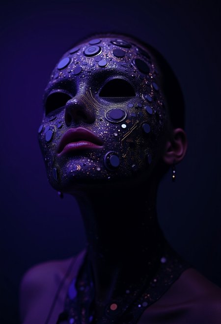 A woman stands in a dimly lit room, her half-figure form composed of intricate circuit boards, motherboards, and electronic components (1.5). Her detachable faceplate, crafted from sleek circuit board fragments, capacitors, and etched circuitry, is held delicately in her hand (1.6). The faceplate’s hollow, lifeless sockets and fine gold-traced pathways glint faintly in the room’s dim purple light. In her other hand, she cradles the face as though it were a delicate mask, revealing the dense, layered mechanics beneath. Beneath her removed faceplate lies a detailed assembly of electronics and hardware. Her exposed "face" is constructed from tightly packed motherboards, ribbon cables, and clusters of capacitors, resistors, and microchips. Thin, branching wires run across her features like artificial veins, connecting small processors embedded beneath her circuit-board structure.