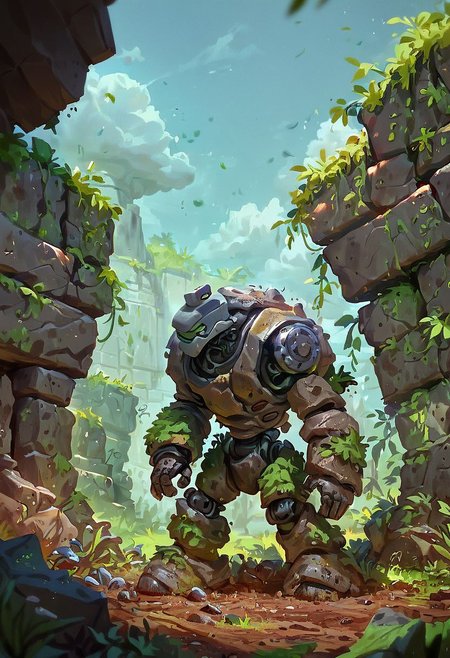score_9,score_8_up,score_7_up, AUTOMATON, 
giant rock golem with plants growing on shoulders, rough rocks, rough stone, unpolished, dirty, ancient, STANDING,