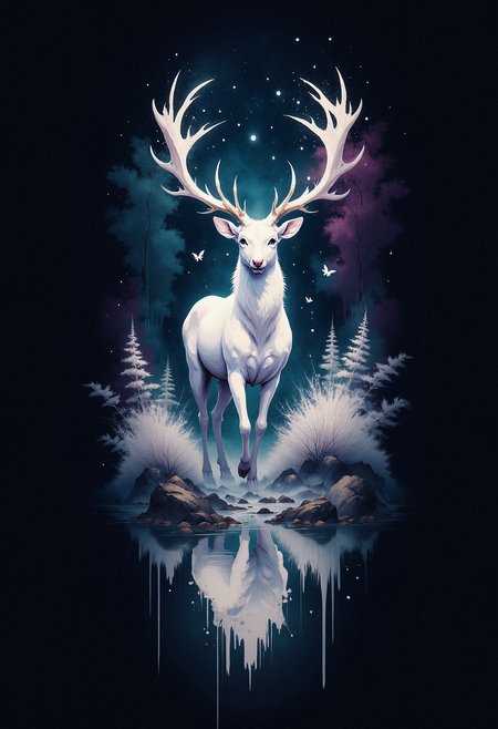 A glowing white stag with ethereal, luminous antlers stands in the center of a dark, enchanted forest. Its body is illuminated with soft white light, and its tall antlers appear to glow with pastel hues of pink, purple, and blue, blending into the surrounding atmosphere. The stag stands still, facing forward, with delicate white leaves floating around it, as if carried by a magical breeze. Its reflection is perfectly mirrored in the calm, dark water at its feet. The stagâs eyes are calm and wise, radiating a sense of mystical serenity.   <lora:aidmaInkStyle-FLUX-V0.1:1> aidmainkstyle,