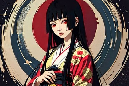 enma ai, hair down, hair black, bangs, eyes red, masterpiece, best quality, ultra-detailed, illustration, 1girl, solo, highres, photorealistic, ultra high res, (Original illustration composition), (fusion of limited color,Maximalism artstyle, kimono fashion, double exposure, background, illustration, Amazing, lily spider