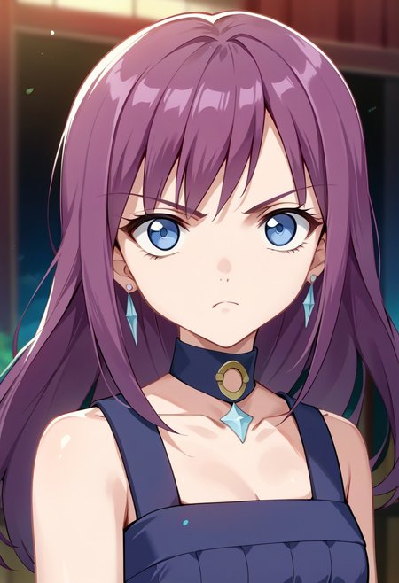 score_9, score_8_up, score_7_up, source_anime, JENNY (BAKUGAN), 1girl, solo, long hair, looking at viewer, bangs, blue eyes, bare shoulders, jewelry, closed mouth, collarbone, upper body, purple hair, earrings, choker, collar, frown, expressionless, gem, serious