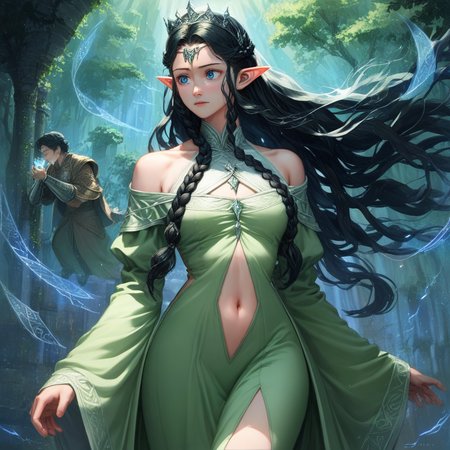 score_9, score_8_up, score_7_up,score_6_up, artist style:Urushihara Satoshi, source_hentai, source_anime, masterpiece, 2D, Arwen_Undómiel,tolkien's_legendarium, BREAK, Arwen\(Lord_of_the_Rings\),  Arwen, elf, pointy ears, blue eyes, black hair, long hair, sidelocks, braided_hair, crown_braid, 1woman,, horny, green dress, navel_cutout, off-shoulder_dress, bare_shoulders, revealing_clothes, impossible_dress, source_anime, anime style