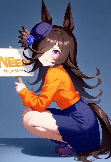 (umamusume,rice_shower_(umamusume),) 1girl,  long_hair, long_sleeves,, solo,  (need_buzz, buzz, need_buzz, holding sign, holding sign ), 
, blood orange style,from side, 
orange flower, orange jacket, orange rose, 
(animal_ears, blue_skirt, brown_hair, flower, hair_over_one_eye, hat, horse_ears, horse_girl, horse_tail, jacket, long_hair, looking_at_viewer, purple_eyes, purple_hat, rose,  skindentation, skirt, smile, solo, standing, tail,  
linea_alba,squatting, looking at viewer,  tilted_headwear, shaded face, fake smile, nervous sweat, wavy mouth, , very awa,  :0.8)