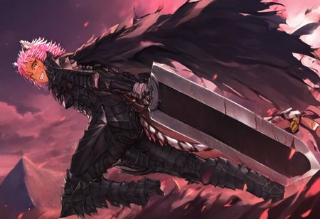 masterpiece, very aesthetic, anime screenshot, 1girl, Pink_PonyXL, DragonSlayerSword-Il.V1.0, black armor, shoulder armor, gauntlets, greaves, bandaged arm, black cape, torn cape, bright pink hair, cat ears, scar on nose, cat bell around neck, tanned, white tiger tail, small breasts, femine body, smiling, making a cute cat face, single fanged tooth showing, standing, looking at viewer, side view, wielding-dragonslayer, huge weapon, sword, holding sword, holding weapon, full body, zoomed in on pink_ponyxl, Dutch angle, cowboy shot 
Break
City of hyrule on fire, at night
