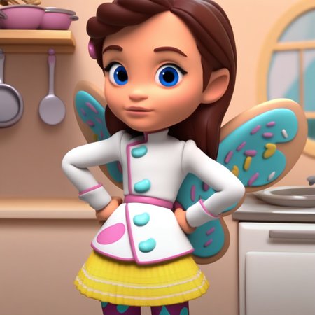 score_9, solo, bb_cf, brown hair, blue eyes, wings, chef coat, skirt, pantyhose, hands on hips, looking at viewer, kitchen