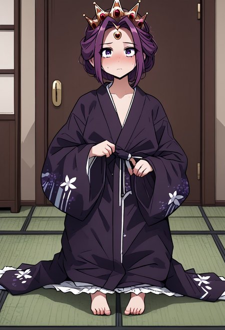 MIRELLIA Q MELROMARC, CROWN, TIARA, yukata, full body, ShrinkingConcept, shrinkingclothing, oversized clothes, shrinking, full body, child, small