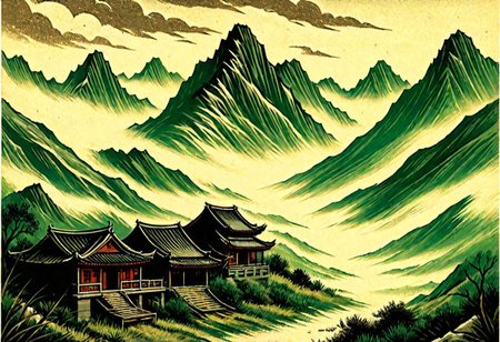 Ancient Chinese countryside, foggy mountains, pulp cover art