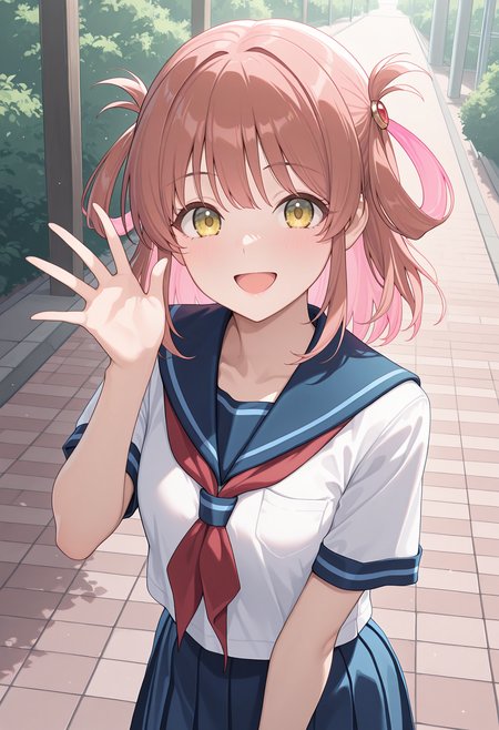 highres, best quality, masterpiece, outdoors,
1girl, solo, rlrino, hair rings, medium hair, pink hair, brown hair, yellow eyes, green eyes,
school uniform, blue sailor collar, white shirt, short sleeves, red neckherchief, blue skirt,
looking at viewer, smile, open mouth, 
standing, hand up,
<lora:_rino_pcr-elesico-ilxl:1>