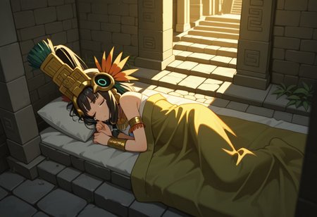 masterpiece, best quality, 32k, high resolution, absurdres, aztec, sleeping, lying, on stone bed, temple, tears