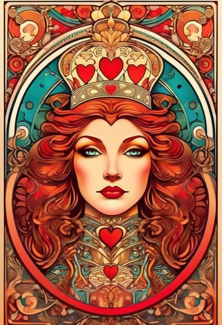 Playing card Queen of Hearts face card. Unique, artistic art nouveau, Alphonse Mucha Style page, lion king style art, colorful, detailed, 8k