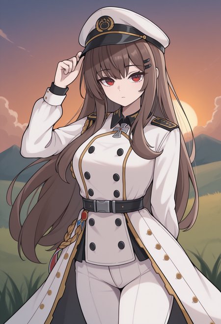 masterpiece, best quality, newest, solo, 1girl, mrfsh, expressionless, looking at viewer, standing, arm behind back, adjusting headwear, hand on headwear, long hair, brown hair, hairclip, white headwear, peaked cap, red eyes, military uniform, white coat, long sleeves, epaulettes, aiguillette, medal, buttons, double-breasted, white pants, outdoors, sunset, cloud, grass, hill
<segment:yolo-Anzhc Face seg 640 v2 y8n.pt,0.4,0.5//cid=1>