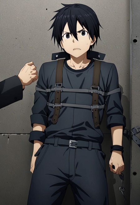 high resolution, professional photography, best quality, 1Boy, Kirigaya Kazuto, Black Hair, Black Eyes, overalldetail, arrested, restrained, struggling