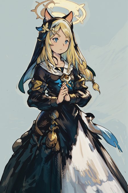 (Yoshida_Akihiko_PonyXL_style_v02.10.01:1.0), solo, 1girl, (chibi:0.7), blue background, halo, mari iochi, long hair, blue eyes, animal ears, orange hair, halo, yellow halo, braid, single braid, animal ear headwear, armband, blue neckerchief, bow, collarbone, flower, frilled sleeves, frills, habit, hair flower, hair ornament, long skirt, long sleeves, neckerchief, nun, puffy long sleeves, puffy sleeves, sailor collar, skirt, hands praying, (Bravely Default Style), yoshida akihiko, blue eyes, yellow halo, <lora:pony\char\game\ba\mari-iochi-ponyxl-lora-nochekaiser.safetensors>, <lora:pony\style\Yoshida_Akihiko_PonyXL_style_v02.10.01.safetensors>, <lora:styles\yoshida_akihiko_offset.safetensors>, <lora:styles\BravelyDefault.safetensors>, <checkpoint:[Pony] duchaitenPonyXLNo_v35.safetensors>, <checkpoint:[SD15] tfmCutesyAnime2_genesis.safetensors>