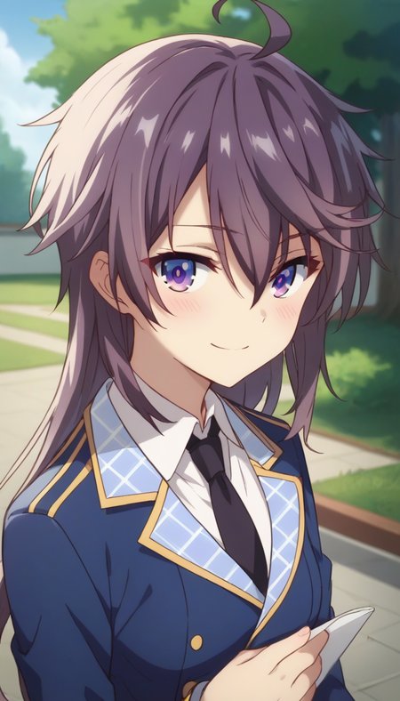 score_9,score_8_up,score_7_up,score_6_up BREAK official art,1girl,solo,outdoors,upper body,(portrait:1.5),looking at viewer,facing viewer,smile,blush,Leonis Death Magnus,ahoge,long hair,purple hair,hair between eyes,bangs,purple eyes,school uniform,blue jacket,blazer,double-breasted,black necktie,collared shirt,white shirt,long sleeves,medium breasts,belt,black pants,loafers,black footwear,<lora:Leonis Death Magnus(sgmt)-Pony:1.4>,