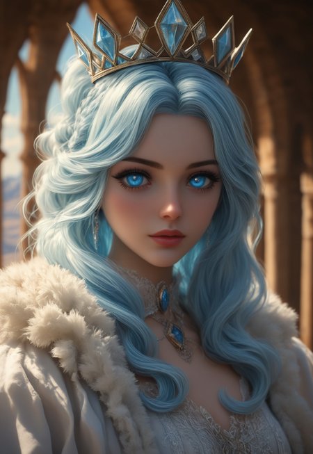 A detailed Gothic tower made of transparent ice with blue shades stands tall. At its base, there are orange desert sands. The sky above is beautiful with fluffy clouds. Ice crystals decorate the tower.
BREAK
1girl, solo, most beautiful 23 yo girl.
At the top, the Snow Queen looks out of a window. Her blue eyes, without pupils, express sadness. She has white skin and wears luxurious medieval winter clothing. Her light blue hair is straight and fluffy like snow, and she wears an ice crown on her head.
(ice interior)
 (8k uhd:1,4)
 <lora:add-detail-xl:1>
 <lora:Dynamic Poses:1>