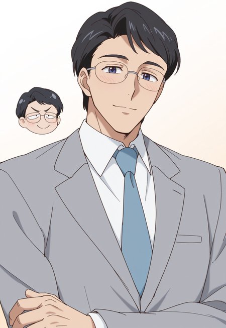 score_9, score_8_up, score_7_up, score_6_up, perfect anatomy, perfect proportions, best quality, masterpiece, high_resolution, high quality, highres, bara, 1boy, solo focus, solo, mature, masculine, manly, hunk, virile, handsome, charming, alluring, source_anime, anime coloringupper body, BREAK kenji_tsukino, black hair, short hair, dark blue eyes, grey suit, blue necktie, glasses, expressive face, newest, seductive_pose, looking at viewer, light smile, cute, light blush