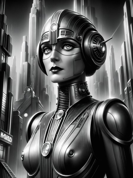 android, futuristic, stylized, art deco, expressionist, 1920s, black and white <lora:Metropolis_Movie_Style_SDXL:0.8> mad-ropolis-movie, (masterpiece:1.2), best quality, (hyperdetailed, highest detailed:1.2), high resolution textures