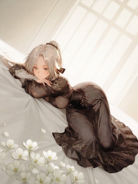 (masterpiece, best quality, very aesthetic, absurdres, highres:1.2), incredible lighting, (aug_girls_frontline, girls frontline, white flower, black dress:1.2), <lora:illustriousXL_stabilizer_v1.7:1>, 1girl, solo, platinum hair, iconic scene, cinematic, full body, <lora:NOOB_vp1_detailer_by_volnovik_v1:1>, painterly style, looking at viewer, <lora:anmiXLillokrV53P1:0.3>, <lora:reikolokr_for_illustrious:0.5>, <lora:10_AESTX:0.4> aestx, brushstroke \(medium\), soft smile, gravure pose, dynamic angle, ponytail, 2b cosplay