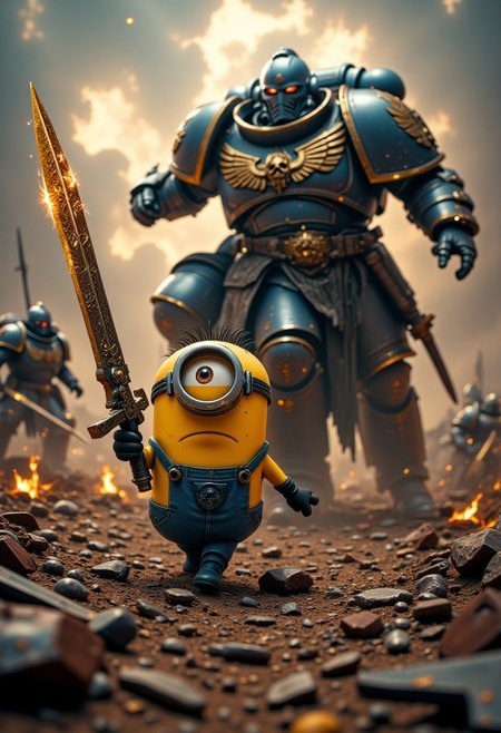 (cinematic film still, low angle, ground up view),
A panicking minion from despicable me holding a sign with text "NOT A XENOS FR!" running away from an UltraM40k clad in power armor. In his right hand, he holds a holding a glowing gold massive sword, its blade etched with arcane symbols and pulsing with supernatural energy. The background features a tumultuous sky with swirling clouds and a debris-covered ground, hinting at a recent battle. Other knights and soldiers are visible in the chaotic scene, with rich, vibrant colors and meticulous textures throughout, shallow depth of field, vignette, highly detailed, bokeh, moody, epic, gorgeous, film grain