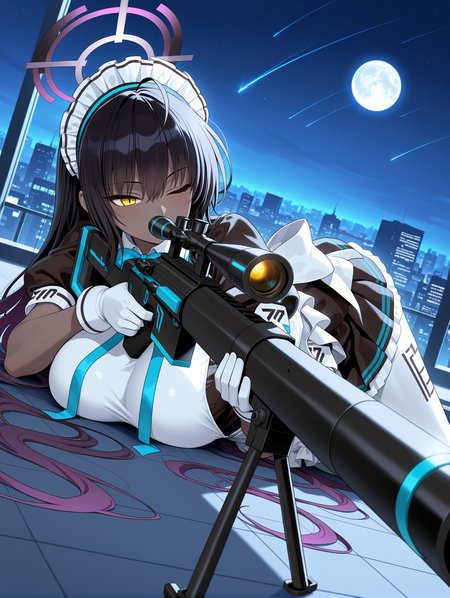 1girl, solo, standing, karin \(blue archive\), maid, darkness,  shooting star, blue archive, rooftop, sniper rifle, aiming, huge weapon, anti-materiel rifle, lying, on stomach, scope, one eye closed, moon, large breasts, white pantyhose, bipod, trigger discipline, city, skyline
,masterpiece,best quality,amazing quality,