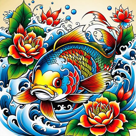 ED Hardy tattoo artwork ,Ed hardy  look alike art,  mean, vicious  ((koi fish )) illistrations, complete bold art work and characters, solid lines,  easily distinguishable , distinguishable easily witnessed and convincing artwork masterwork, cartoon, illistrations,  big bold art , lots of flowers, ribbons, flying pyrate doves and sparrows in the backgrounds
masterpiece, excellent work,  full pages ,digital art,