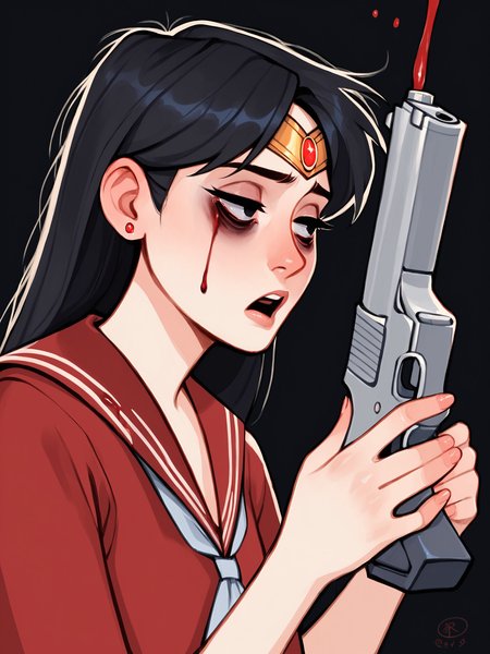 score_9, score_8_up, score_7_up, score_6_up, score_5_up, score_4_up, rating_safe
BREAK
sailor mars, circlet, black hair, black eyes, looking away, tired, half-closed eyes, bags under eyes, sigh, open mouth, looking down, blood on face, blood splatter,
BREAK
solo, portrait, magical girl, red serafuku, from side, holding gun, handgun, blood on weapon,
BREAK
black background, <lora:Lunas-SimzArts-SDXL-A1:1>