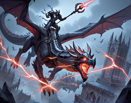 score_9, score_8_up, score_7_up, nighttime, epic image of an armored man riding a huge dragon through a dark sky, flying, lightning, black armor, darkness, horns, horned helmet, dark mood, otherworldly, dark clouds, dark lord, holding staff, glowing eyes <lora:dragonriderpxl:0.8>, dragonriderpxl, motion, action shot, best quality, masterpiece,  vortex in sky, dark magic, anime style,