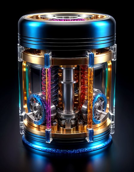solid black background, transparent inner workings, piston made of vibrant colored glass fibers, highly detailed, 8k, hdr, rim lighting, specular highlights,
