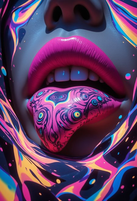 Close-up of bright, dazzling pink lips with psychedelic, hypnotic curved patterns, holding a glowing, vibrant rainbow mushroom. Magic particles float around the lips, creating a festive, psychedelic atmosphere. Glowing mushrooms in vivid colors and textures surround the scene, emitting radiant, otherworldly light.