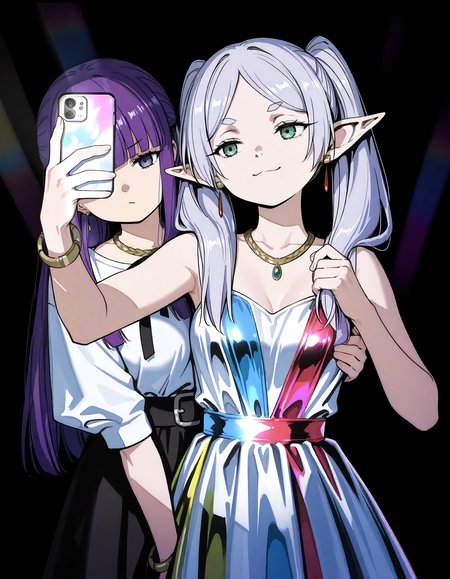 2Girls in dazzling rainbow sequin dress, alternate costume with bracelet, necklace, and parted bangs, looking at phone, Black background with contrasting light rays, Masterpiece, Sequin textured, High-Definition, Vibrant colors, Dramatic lighting, In the style of Gustav Klimts Goldperiod, cowboy shot,
<lora:MeMaXL4:0.6> <lora:USNR STYLE_XL_loha:0.8> <lora:ponyv5_noobE11_1_adamW:0.7>
frieren,sousou_no_frieren, frieren, sousou no frieren, 2girl, green eyes, long hair, white hair, grey hair, twintails, parted bangs, elf, earrings,  <lora:estabiliza:0.8>, smug,
fern_(sousou_no_frieren),sousou_no_frieren, purple eyes, purple hair, long hair, straight hair, blunt bangs, sidelocks, medium breasts, taking selfie with phone, iphone,