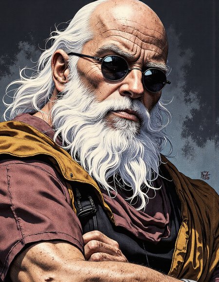 dbz,. a highly detailed, digital illustration in a stylized, semi-realistic comic book art style. The subject is a muscular, elderly man with a robust physique and a striking appearance. He has a bald head, a long, flowing white beard, and piercing blue eyes. He wears a pair of round, black sunglasses, which add to his enigmatic demeanor.