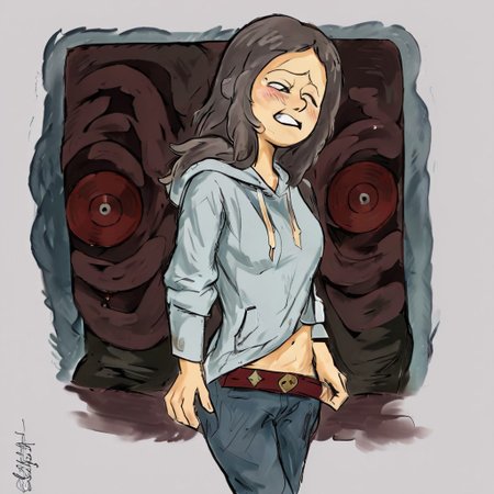 Derpuss, 1girl, solo, long hair, looking at viewer, smile, long sleeves, closed mouth, standing, ass, looking back, indoors, hood, clothes lift, from behind, hoodie, hood down, smug, grey hoodie, jeans, undressing, shirt pull,