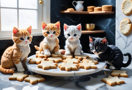 Kittens learning pottery : In a cozy kitchen, a group of fluffy kittens is attempting to from cookies out of liquid marble. One kitten, with clay all over its face, stands on its hind legs stirring a marble cisle much too big for it. Another kitten paws at a rolling pin, trying to flatten the dough like marble, while a mischievous kitten in the corner sneaks a tires to nibble of the marble cookie. The chaos grows as cookie shapes end up everywhere—some on the floor, some on the counter, and one even stuck to the ceiling. A tray of cookies, slightly burned but full of kitten charm, sits nearby, ready to be tasted.
