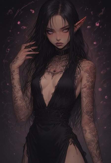 score_9, score_8_up, score_7_up, high detailed, high quality, masterpiece, no text, quality highlights, 8k detail, detailed background, source_anime, dynamic view, hentai, ultra-detailed, 
...
1girl, (((solo))), pale elf, female focus, expressiveh, (young), (cold skin),
(black hair), purple eye whites, ( irises like moons), (long hair),
((round hips)), (small breasts), lips,
(incredibly sexy), sexy pose, pose, ((tattoos)), ((piercing in lips))
...
closed mouth,
((An elegant gown, a dress of belts, a dress of ribbons, black collar,  center opening, side slit, high-waist sideboob)),
cowboy shot, looking at viewer, raised hand, green flame in hand, gold makeup, purple lips,
sitting, posing, close-up, 
...
(((white simple background)))