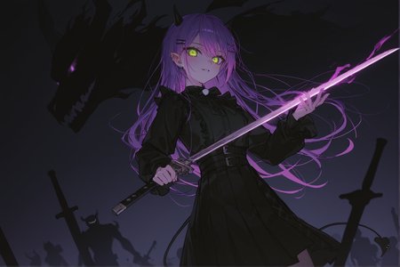 1girl,[artist:WANKE|artist:free_style |[artist:ningen_mame]|ciloranko],tokoyami towa,mesugaki,devil,sensitive,dark theme,glowing eyes,silhouette,sword