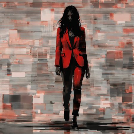 a beautiful woman melting, line art, red office suit made of melted black wax, wet hair, walking on the sidewalk, unreal, water vapor, black liquid, modern city, midday sun, sun reflections <lora:sd_xl_offset_example-lora_1.0:-0.35> <lora:Projext_X2:-1.2>