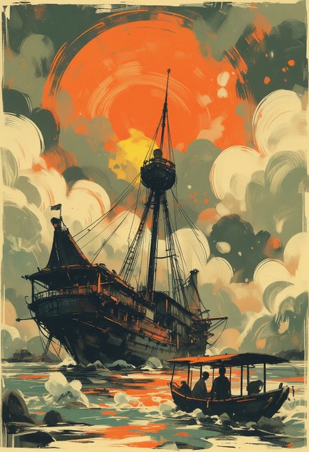 OBxiaoxiang, Special Ink-drawing mode, Mh1$AgThS2, intricate linework with expressive contrasts, inksketch of a Chinese Junk sailing into a south-east asian medieval harbour, sunset