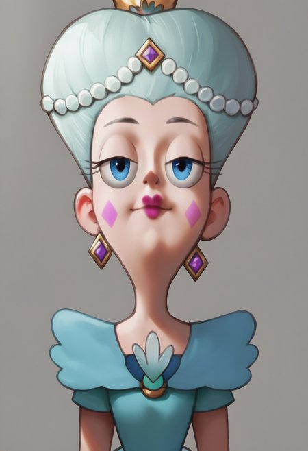 source_cartoon, score_9, score_8_up, score_7_up, mature_female, queen_moon_butterfly, blue_dress, crown, looking_at_viewer, perfect eyes, flat_color, Leaning back, arms folded, rotated, lower body, rating_safe, <lora:sdxl\pony diffusion\characters\queen_moon_butterfly_pony:1.0>