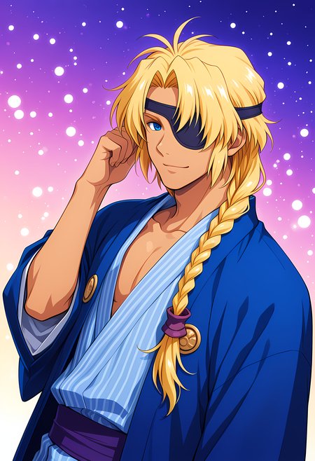 masterpiece, best quality, amazing quality, dutch angle, abstract background, BREAK
solo, male, 1boy, xen_bart, blonde hair, long hair, braid, blue eye, eyepatch, yukata, japanese clothing, BREAK
 <lora:cfg_scale_boost:.6>   <lora:Bart_Fatima_-_Xenogears_-_ILXL:1>