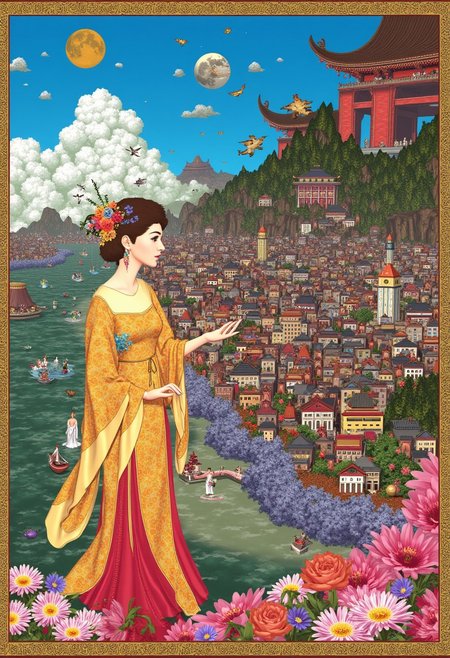 An oriental fantasy city beautiful  landscape, day, woman, very intricate, very detailed, sharp, bright, colorful,